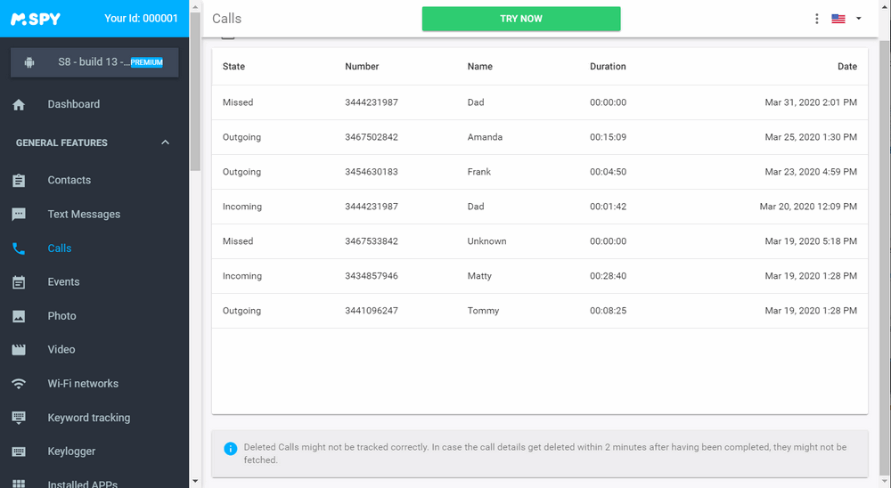 call history of mobile number